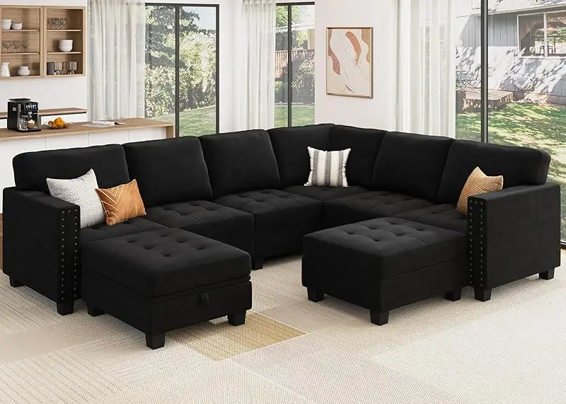 Velvet Modular Sectional Sofa, Convertible L Shaped Sofa Couch with Storage Top Tray Ottoman Corner Couch,Dark Blue