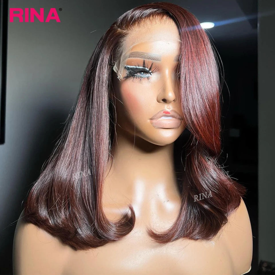 180 Density 13x4 Reddish Brown Short Bob Lace Front Wig Straight Wig Pre Plucked 13x4 Lace Frontal Bob Human Hair Wigs For Women