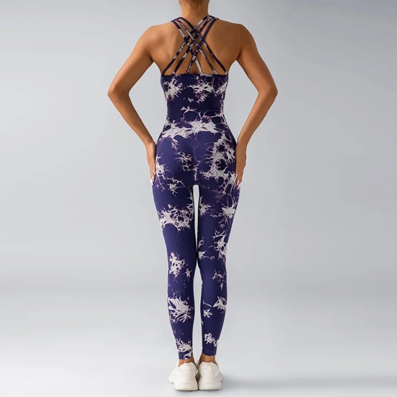 Tie-dye yoga jumpsuit, tuminel and hip lift, trousers, seamless breathable leggings, sports fitness wear women set yoga women