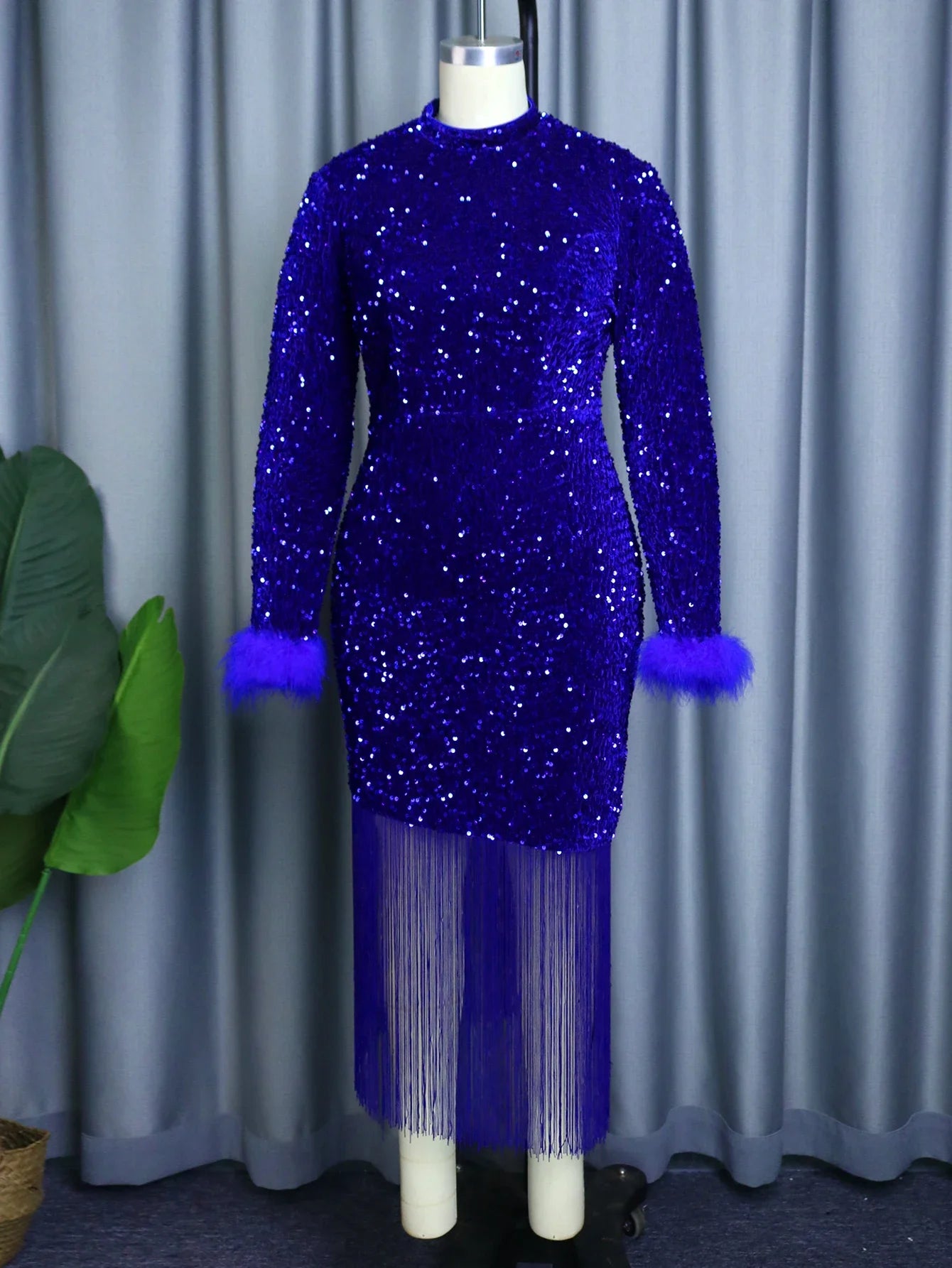 Women Dress Velvet Shiny Glitter Sequin Long Sleeves Feather Tassel Package Hip Celebrate Occasion Birthday African Plus Size