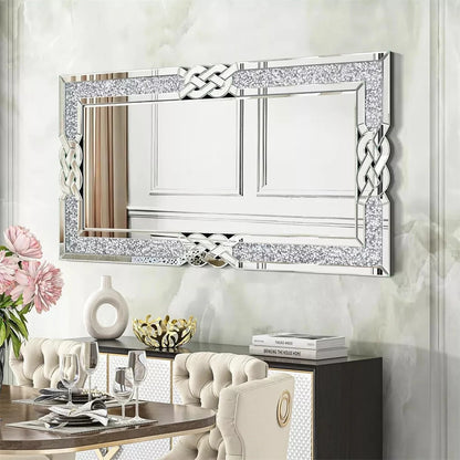 Wisfor Crushed Diamond Wall Mirror Rectangular Glass Silver Vanity with Decorative Glam Bling Crystal Frame Edge