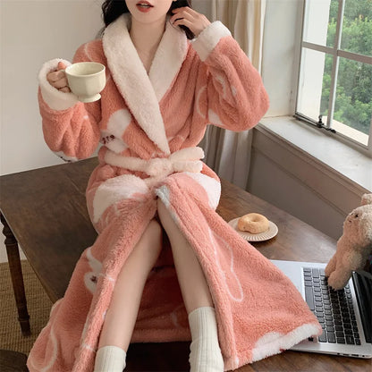 Women's Pajamas Cute Pijama Winter Sleepwear Warm Robe Sets Long Home Wear Bathrobe Plus Velvet Warmth Coral Fleece Nightgown