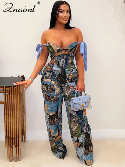 Znaiml New Print Off Shoulder Bandage Crop Tops and Wide Legs Cargo Pants Two Pieces Women Sets Workout Active Wear Club Outfits