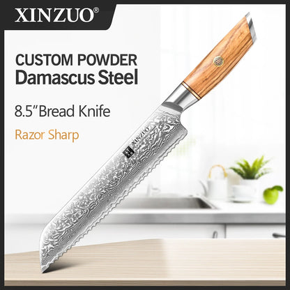 XINZUO 1-8pcs Kitchen Knife Set 73 Layers Custom Damascus Steel 15°±1 Per Side Steel Blade with Olive Wood Handle