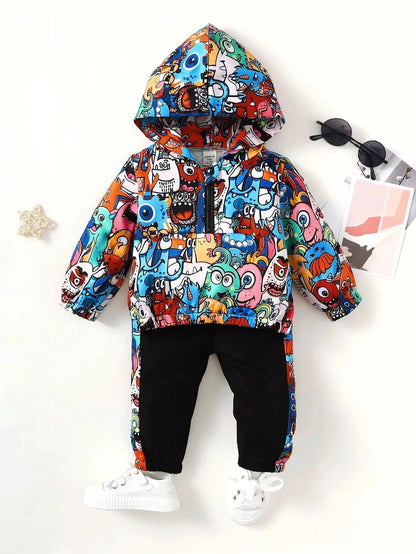 Two Sets Of Baby Boys Casual Cute Monster Pattern Half Open Front Hoodie & Pants Spring And Autumn - MAGUSTA BEAUTY