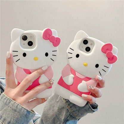 3D Pink Hello Kitty for iPhone 13 Mini 12 Pro 14 Plus 15 Pro Max 11 X XS Max XR 7 8 Plus SE Soft Cartoon Silicon Back Phone Case