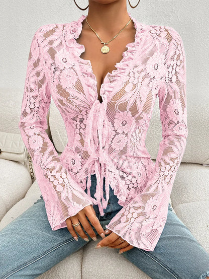 Women's Summer Long Sleeve Lace See-through Sexy Blouse,Shirts & Blouses,Women Clothing,Womens Tops And Blouses,Tops For Women