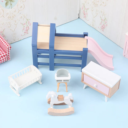 1/12 Dollhouse Mini Baby Slide/Trojan Horse/Table/ Dining Chair/Bed Model Furniture Accessories For Doll House Decor Kids Toys