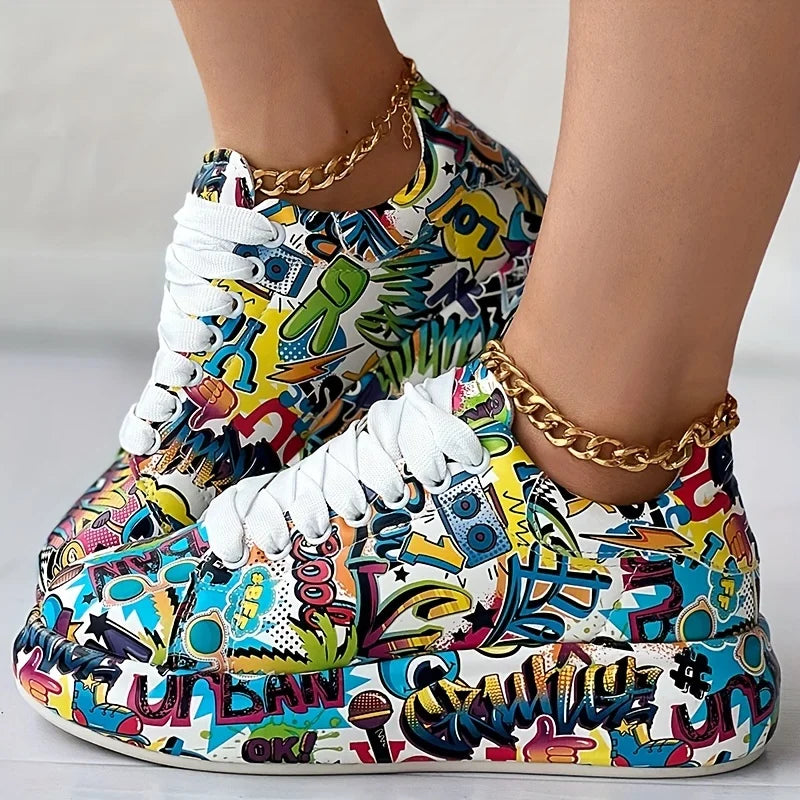 Women's graffiti print sneakers, fashion lace-up low-top platform sneakers, casual skateboard shoes