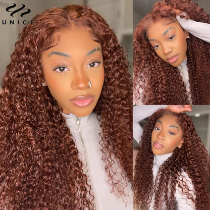 UNice Bye-Bye Knots Wig 7x5 Deep Curly Wear Go Glueless Wig Human Hair Reddish Brown Pre Cut Pre Bleached 13x4 Lace Frontal Wig