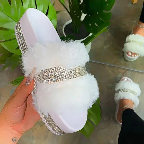 Women Fur Rhinestone Slippers Platform Wedges Without Heel Fluffy Furry Slides Flat Flip Flops Shoes Ladies Shiny Bling