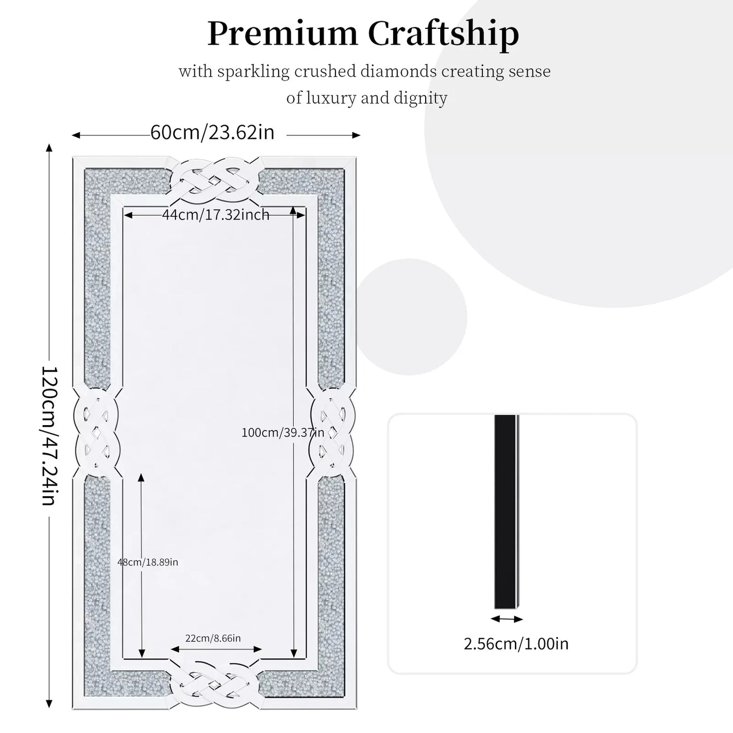 Wisfor Crushed Diamond Wall Mirror Rectangular Glass Silver Vanity with Decorative Glam Bling Crystal Frame Edge