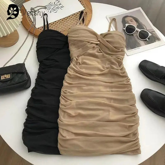 Dresses Women Sexy Club Shirring Design Summer Leisure Lady Mini  Straps Dress