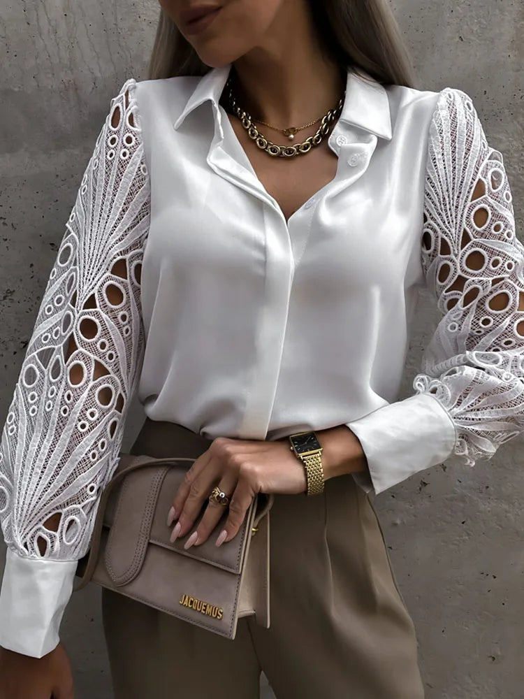 White Sexy Lace Hollow Out Women Blouse Autumn 2023 Spring Black Top Vintage Button Up Shirts Long Sleeve Mesh Design Tops 19948