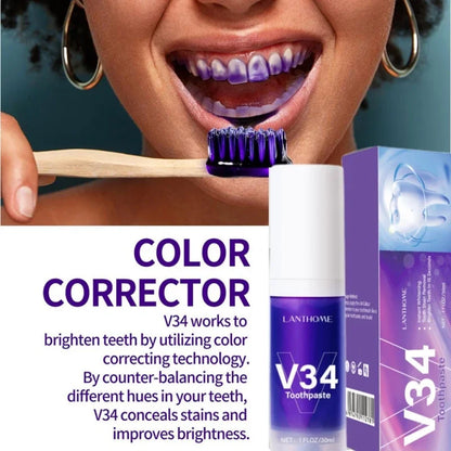 V34 30ml Purple Whitening Toothpaste Remove Stains Reduce Yellowing Care For Teeth Gums Fresh Breath Brightening Teeth New