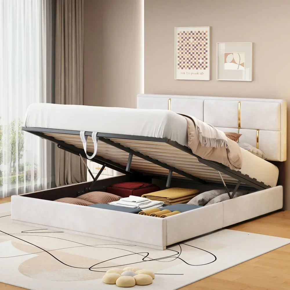 Upholstered Platform Beds with Storage System, Wood Bed Frame for Kids and Adults, Bedroom Furniture