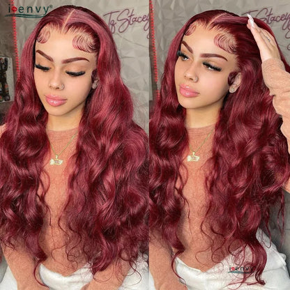 13X4 Hd Transparent Lace Front Wigs Burgundy Red Human Hair Wigs Pre Plucked 30 Inches Body Wave Lace Front Wigs For Women Curly