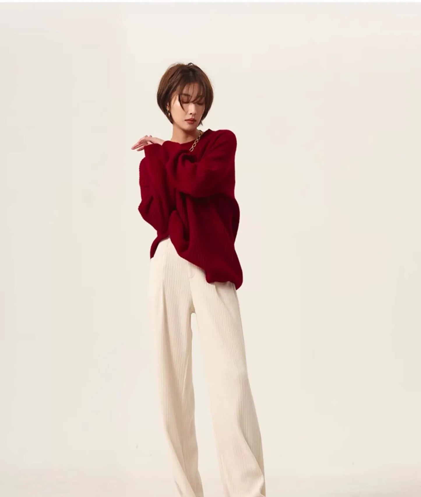 Turtleneck 100% cashmere sweater women loose thickening age reduction niche vintage red crewneck sweater women long sleeves