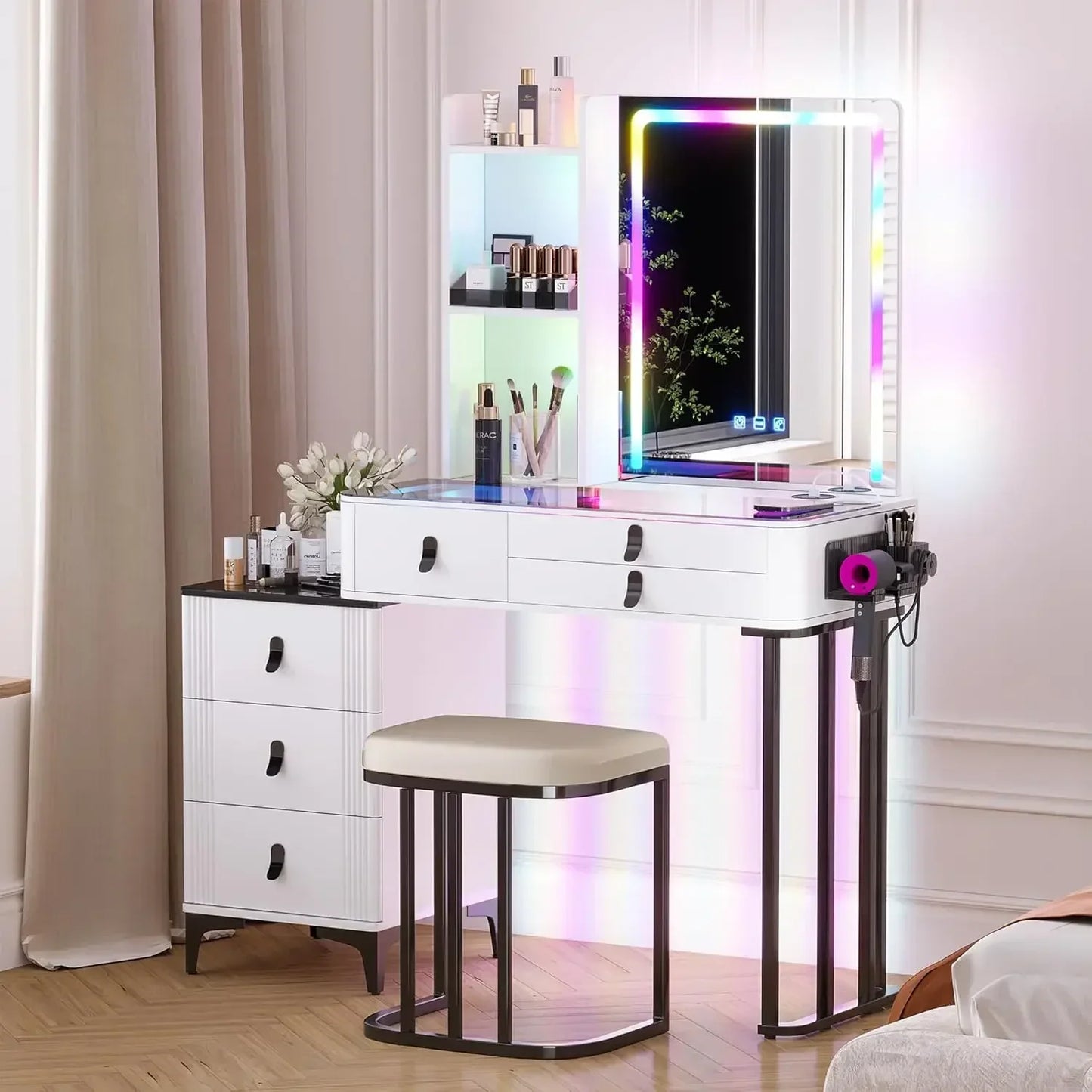 Vanity Makeup Desk Mirror LED Vanity Table Charging Station Dressers 5 Drawers