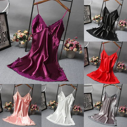 Women Smooth Soft Satin Nightdress Spaghetti Straps Deep V Neck Sleepwear Breathable Comfortable Nightwear Sexy Wrap Dress Robe