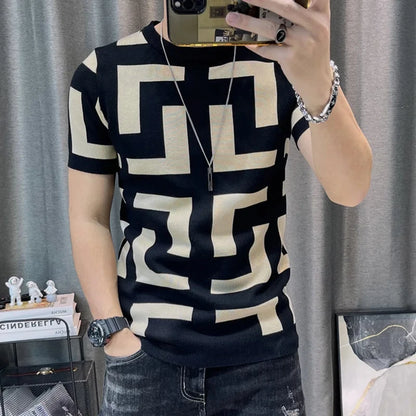 Y2K Summer New Mens Slim Vintage Short Sleeve T Shirt Striped Print O Collared Graphic T Shirts For Men Darts Camiseta Masculina - MAGUSTA BEAUTY