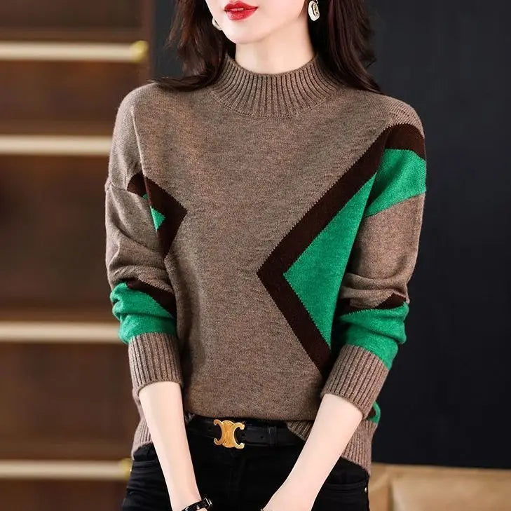 Velvet and Thickened Women's Top 2024 New Autumn/Winter Korean Edition Color Block Knitted Half High Neck Sweater