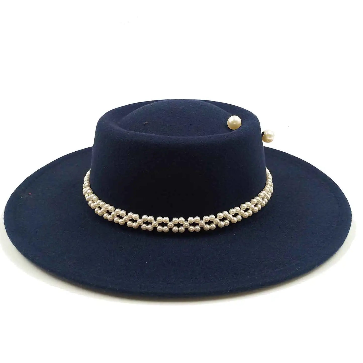 Women's Pearl Chain Fedora High Fashion with Pearl Pins Bump Cap Black White Autumen Winter Ladies Fedoras Wide Brim Girl Hat