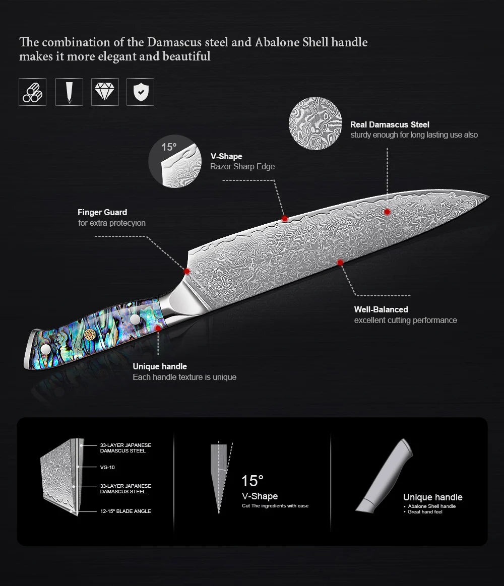 XITUO 67 Layer Damascus Steel Kitchen Knives Set Abalone Handle Sharp Santoku Bread Boning Knife Practical Kitchen Cutting Tools