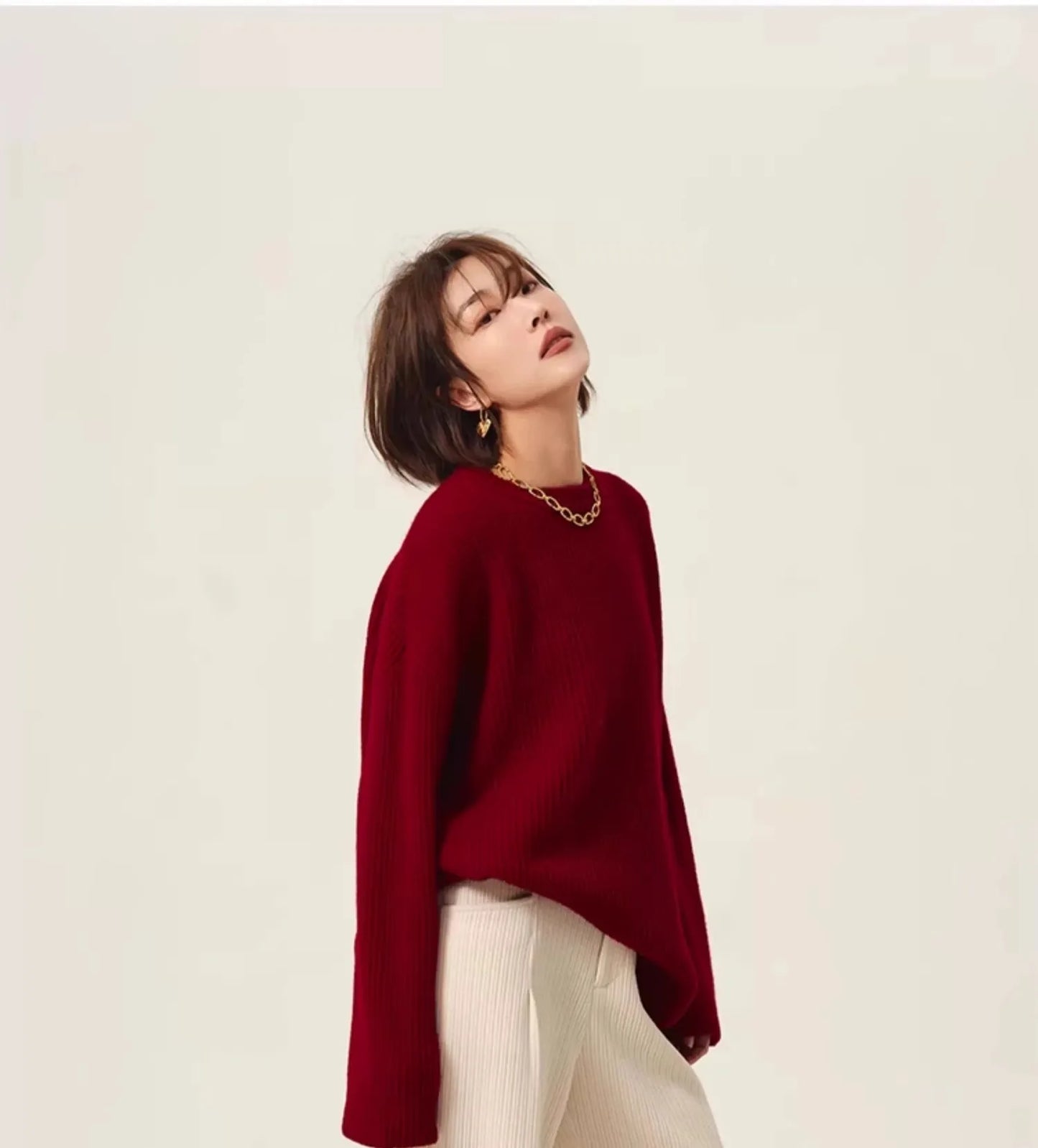 Turtleneck 100% cashmere sweater women loose thickening age reduction niche vintage red crewneck sweater women long sleeves