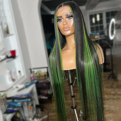 13x4 HD Highlight Green Straight Lace Frontal Wigs Ombre Human Hair Wigs Black and Green Highlight Long Straight Lace Front Wig