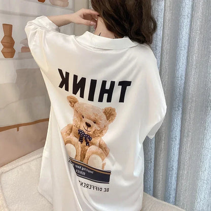 Women Sexy Leopard Print Nightgown Lapel Short Sleeve Satin Silk Cardigan Nightdress Hot Nighty Summer Nightgowns Mini Pajamas