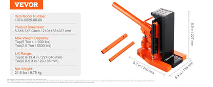 VEVOR Hydraulic Toe Jack 2.5 Ton On Toe Toe Jack Lift 5 Ton On Top Lift Capacity Machine Jack 0.8-5.3 in Toe Height 8.9-13.4 Top