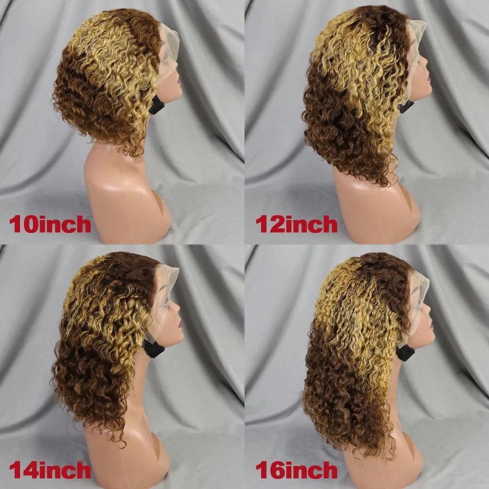 13x4 Lace Front Wigs 200% Density Bob Water Wave Wig 4/27 Human Hair Curly Human Hair with Baby Hair Wigs for Women 10-16 Inches