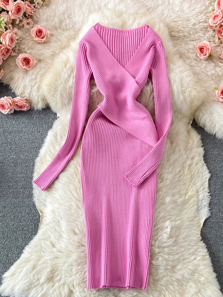 YuooMuoo Autumn Winter 2023 Women Dress Elegant Cross V-neck Slim Waist Knitted Bodycon Dress Korean Office Lady Vestidos