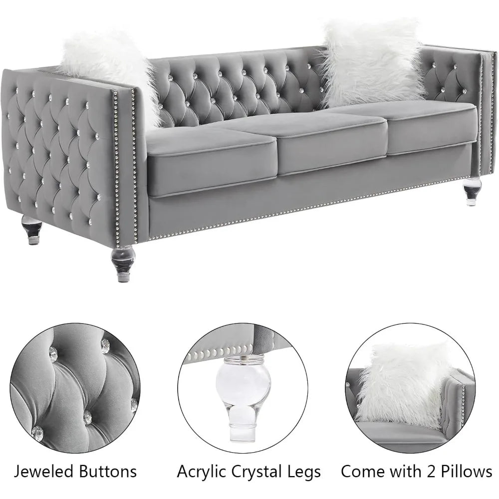 Velvet Sofa Couch 83 Inch Long Modern Sofa with Acrylic Legs and 2 Pillows, Jeweled Buttons Tufted Couch Modern Decor Furniture