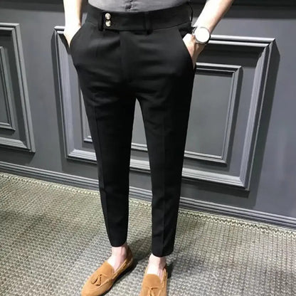 Trendy Men Ninth Pants Slim Fit Ninth Trousers Office Pockets Wear-resistant Zip Up Ninth Suit Pants