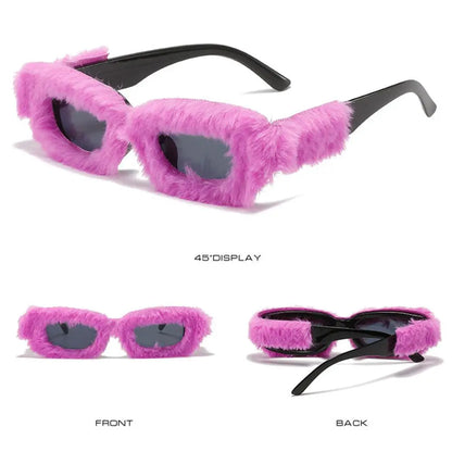 NEW Trendy Rectangle Sunglasses Women Punk Plush Sun Glasses Ladies UV400 Shades Fashion Funny Decor Eyewear