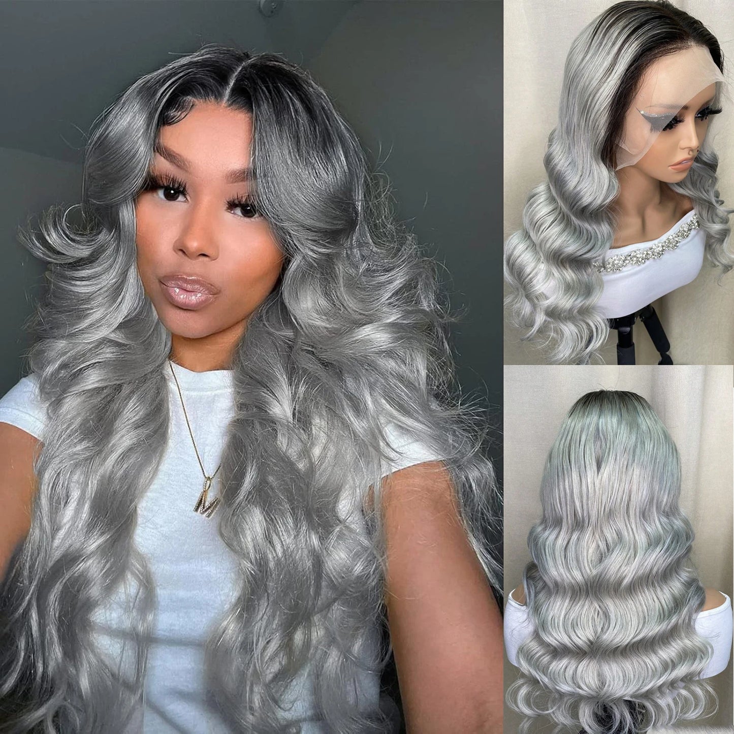 1B Grey Body Wave Transparent Lace Front Wigs Human Hair Pre Plucked 150 Density 1B Grey Human Hair 13×4 Front Wigs for Women