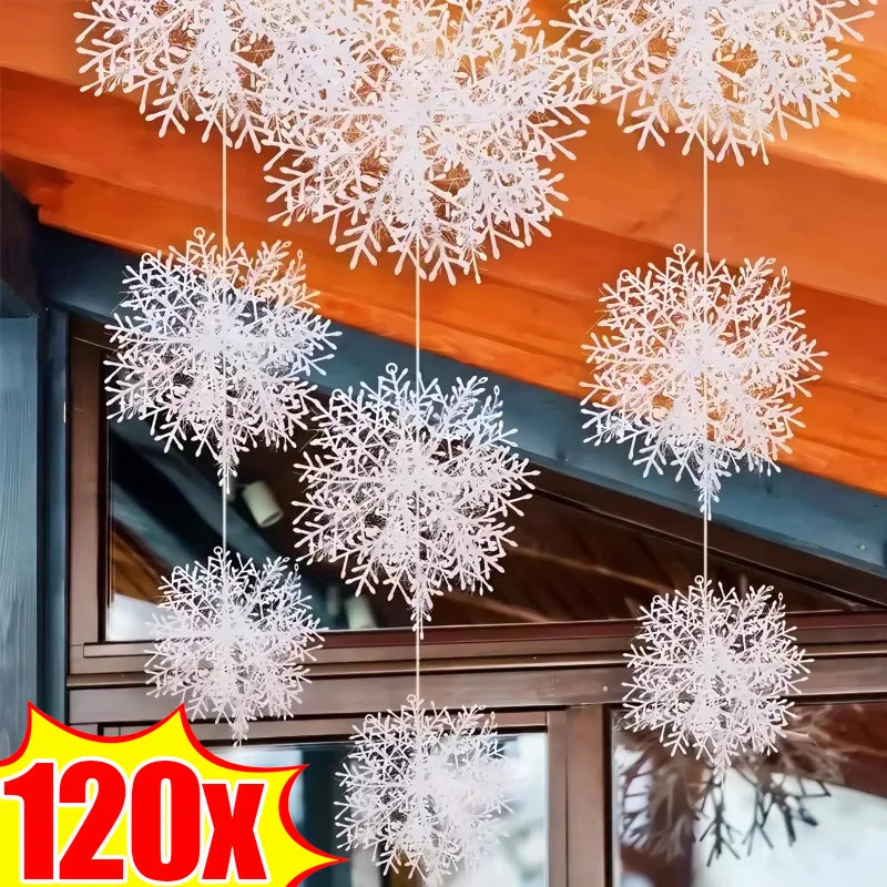 120/30PCS Christmas Snowflake Ornaments Glitter Fake White Snowflake Xmas Tree Hanging Pendents New Year Home Party Decorations