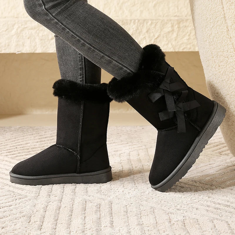 Women Flock Fluffy Suede Snow Boots Cute Butterfly Round Toe Warm Boots Autumn Winter Thick Sole Platform Cotton Shoes