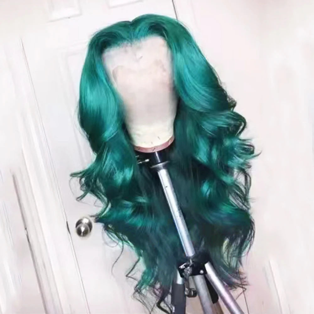 WIF Emerald Green Synthetic Lace Front Wig Long Body Wave Teal Green Heat Fiber Lace Wigs for Fashion Women Makeup Cosplay Wear