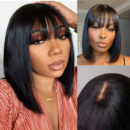 100% Human Hair Short Bob Wig with Bangs 3x1 HD Lace Wigs For Black Women Brazilian Straight Wig Bob Human Hair Wig