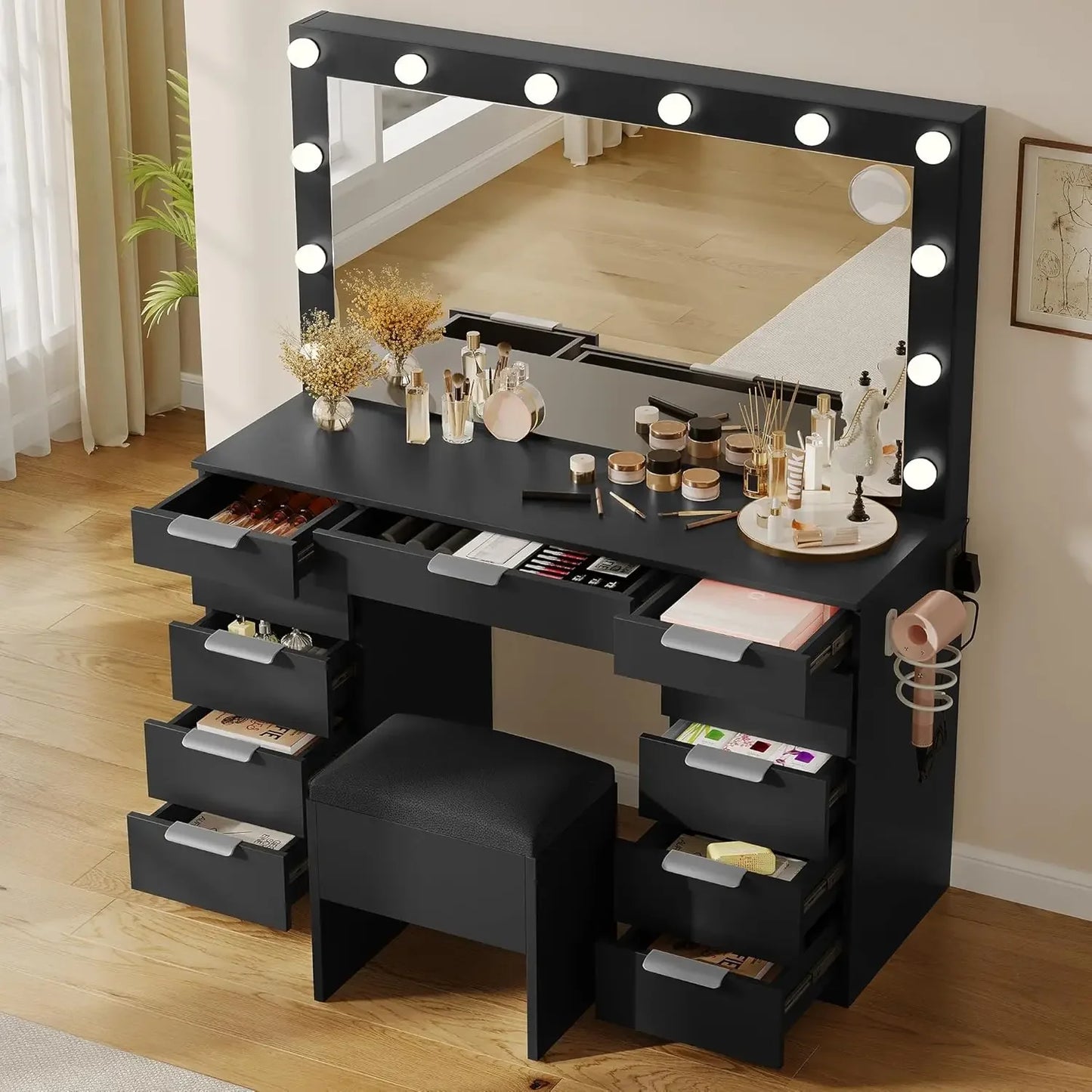 Vanity with LED-Lit Mirror & Electrical Socket, Cosmetic Vanity Station with 11 Compartments and Magnifier, 46'' Dressing Table