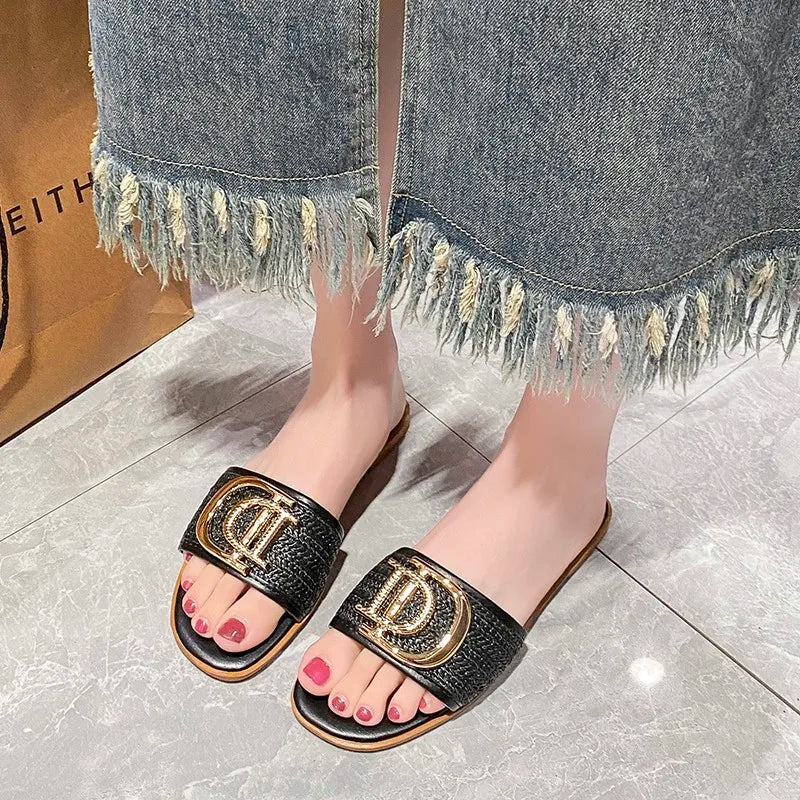 Women Luxury Decor Weave Design Flat Sandals Fashion Open-toe Vacation Casual Slides Party Sexy Elegant Office-Ladies New Shoes