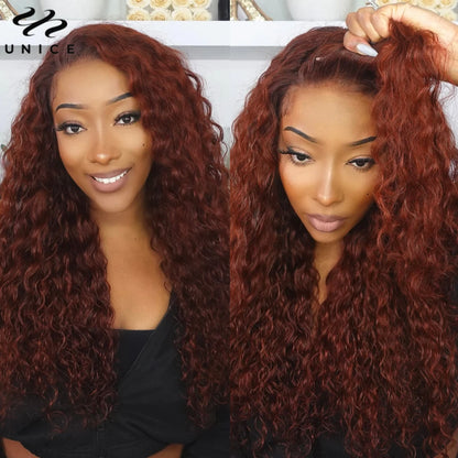 UNice Hair Reddish Brown Water Wave Wig 7x5 13x4 Human Hair Lace Frontal Wig Pre Cut Pre Bleached Glueless Wig Ready To Wear Go