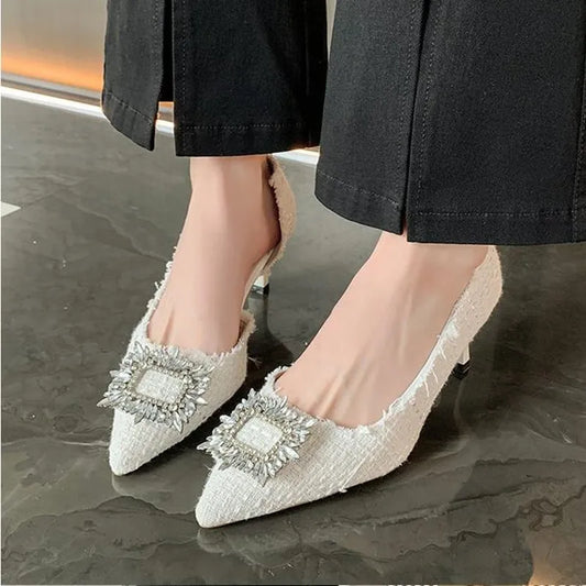 White Design Rhinestones Women Pumps Spring Fashion Pointed Toe Female Shallow High Heel Elegant Women's Work Dress Shoes