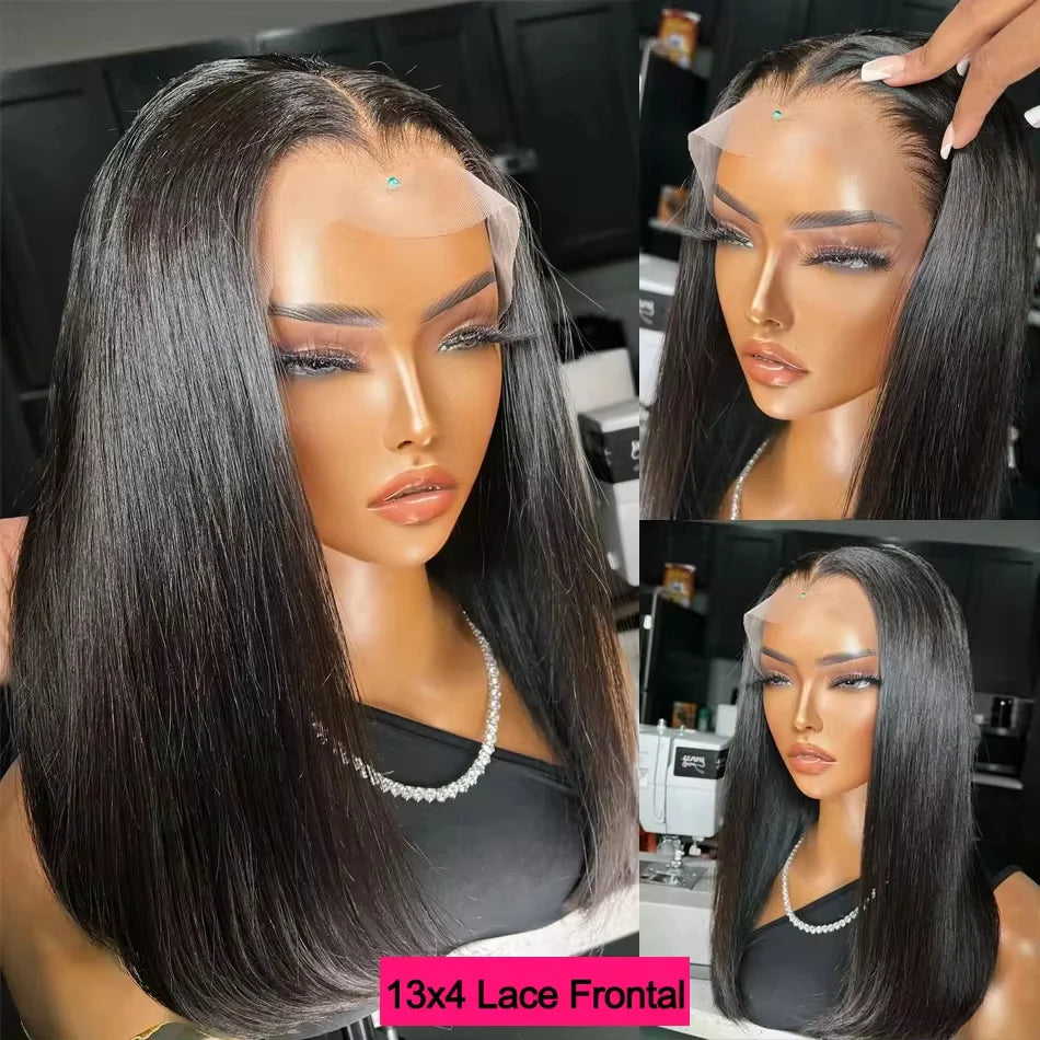 100% Vietname Super Double Drawn Bone Straight 13x4 Frontal Bob Wig with Human Hair Natural Black 210% Density For Black Women