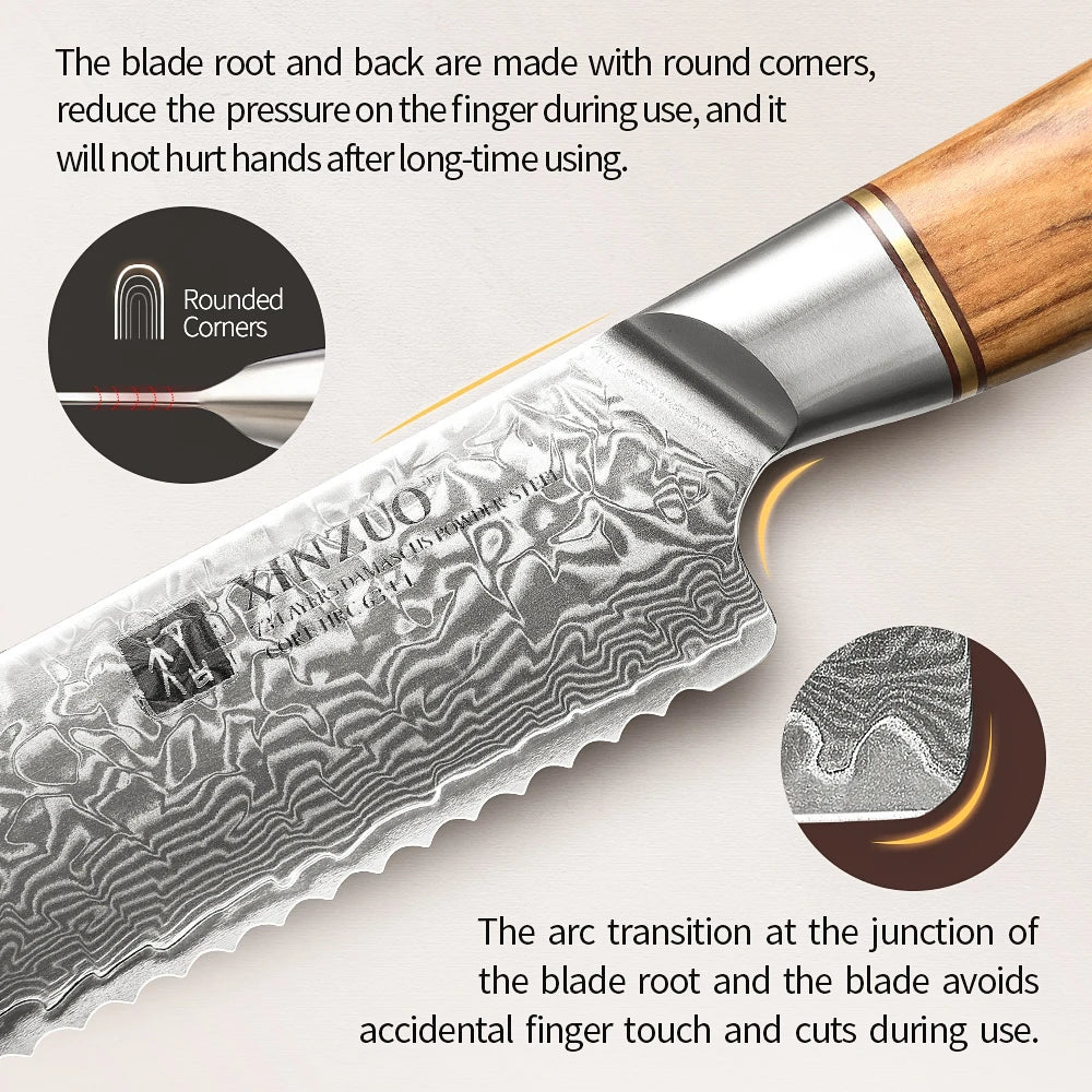 XINZUO 1-8pcs Kitchen Knife Set 73 Layers Custom Damascus Steel 15°±1 Per Side Steel Blade with Olive Wood Handle