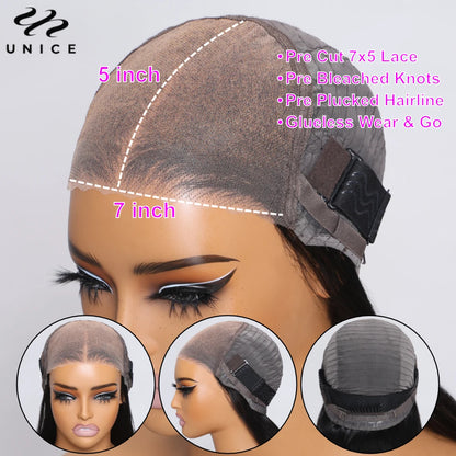 UNice Hair 4C Edges Yaki Straight Lace Wig 7x5 Pre Bleached Pre Cut Lace Closure Wig Human Hair Wear Go Glueless Wig for Women