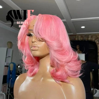 WIF Pink Bob Lace Wig Body Wave Short Bob Pink Hair Heat Synthetic Lace Front Wig Women Cosplay Use Purple Bob Hair